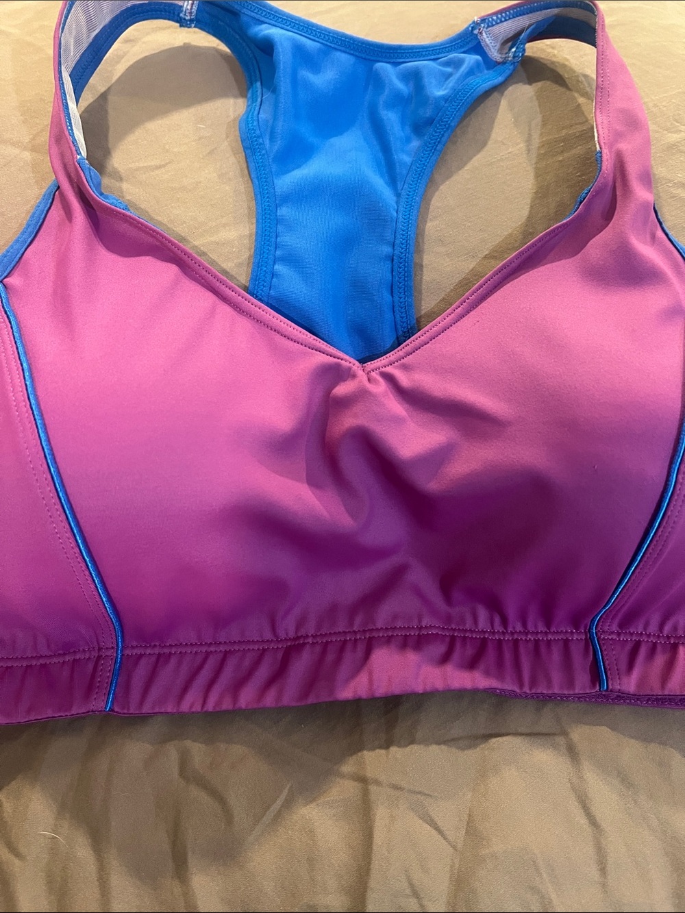 Moving comfort brand Pink and Blue Racerback Sports bra size medium
